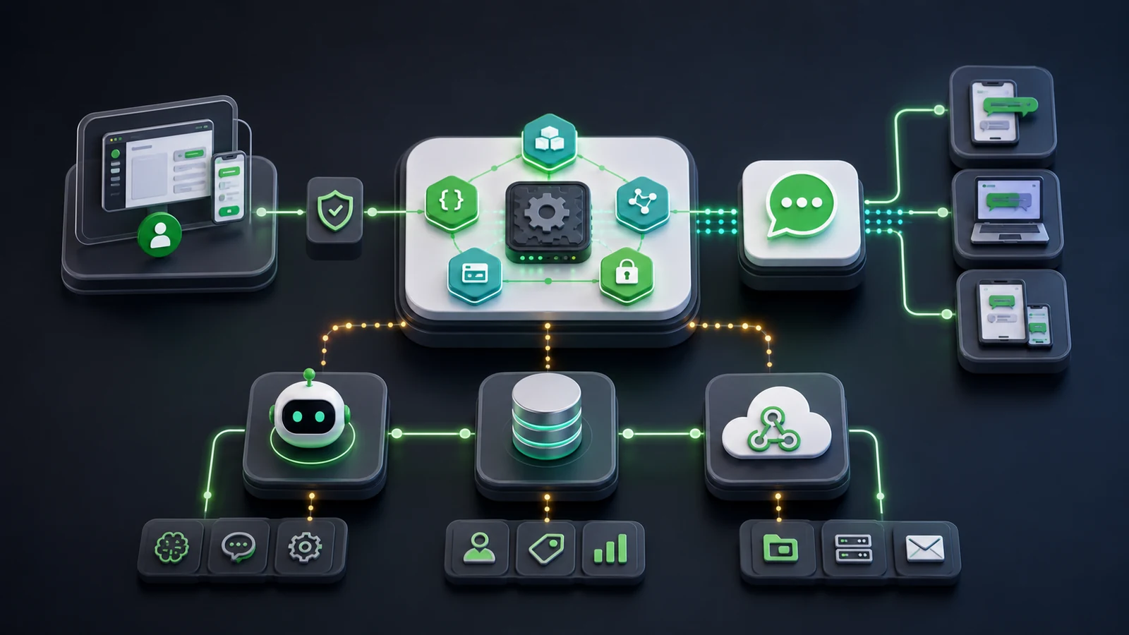 Architecture illustration of WhatsApp API connecting an app, API layer, webhooks, CRM, AI agent, and customers