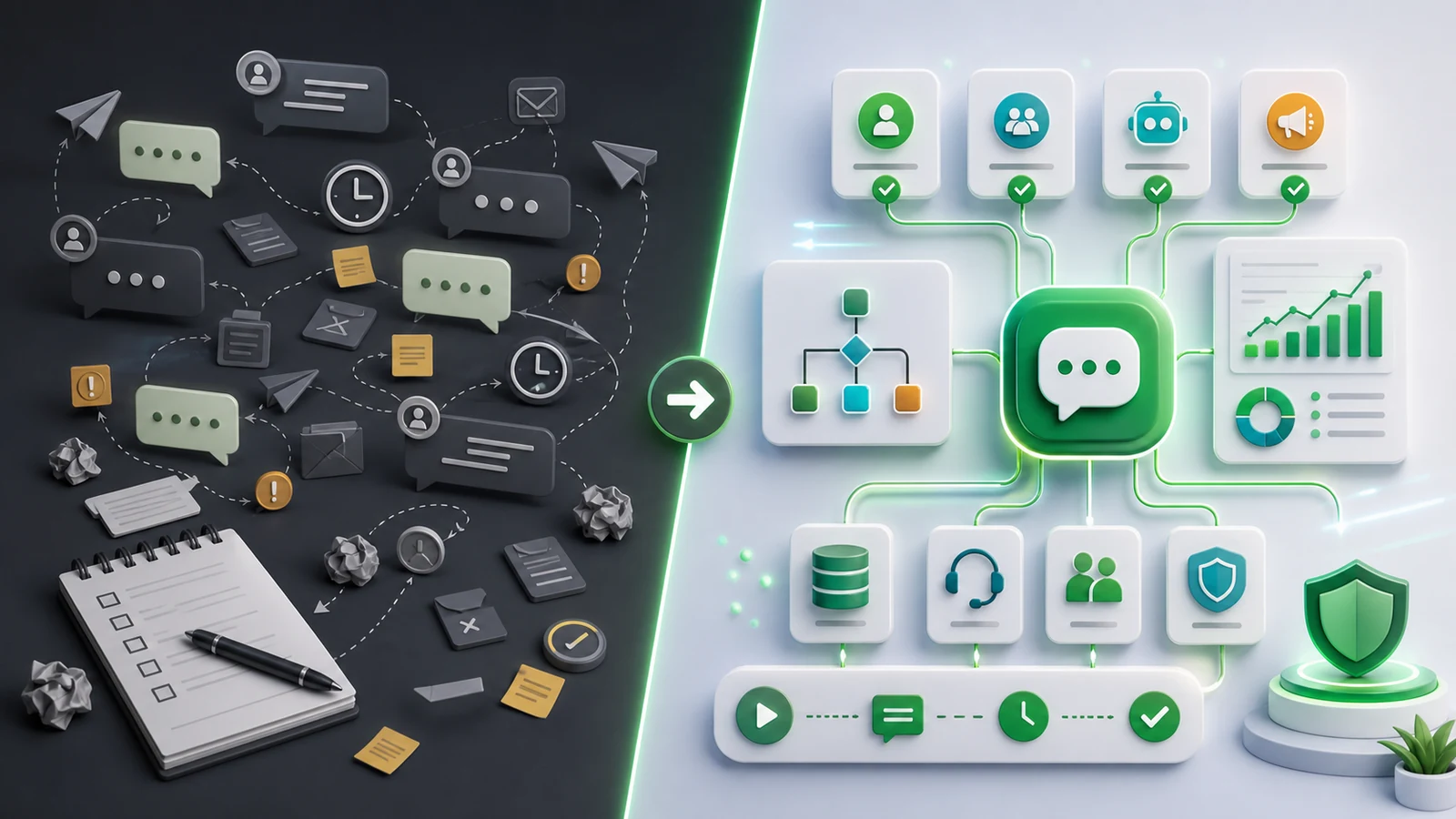 Illustration comparing manual WhatsApp work with organized WhatsApp API automation