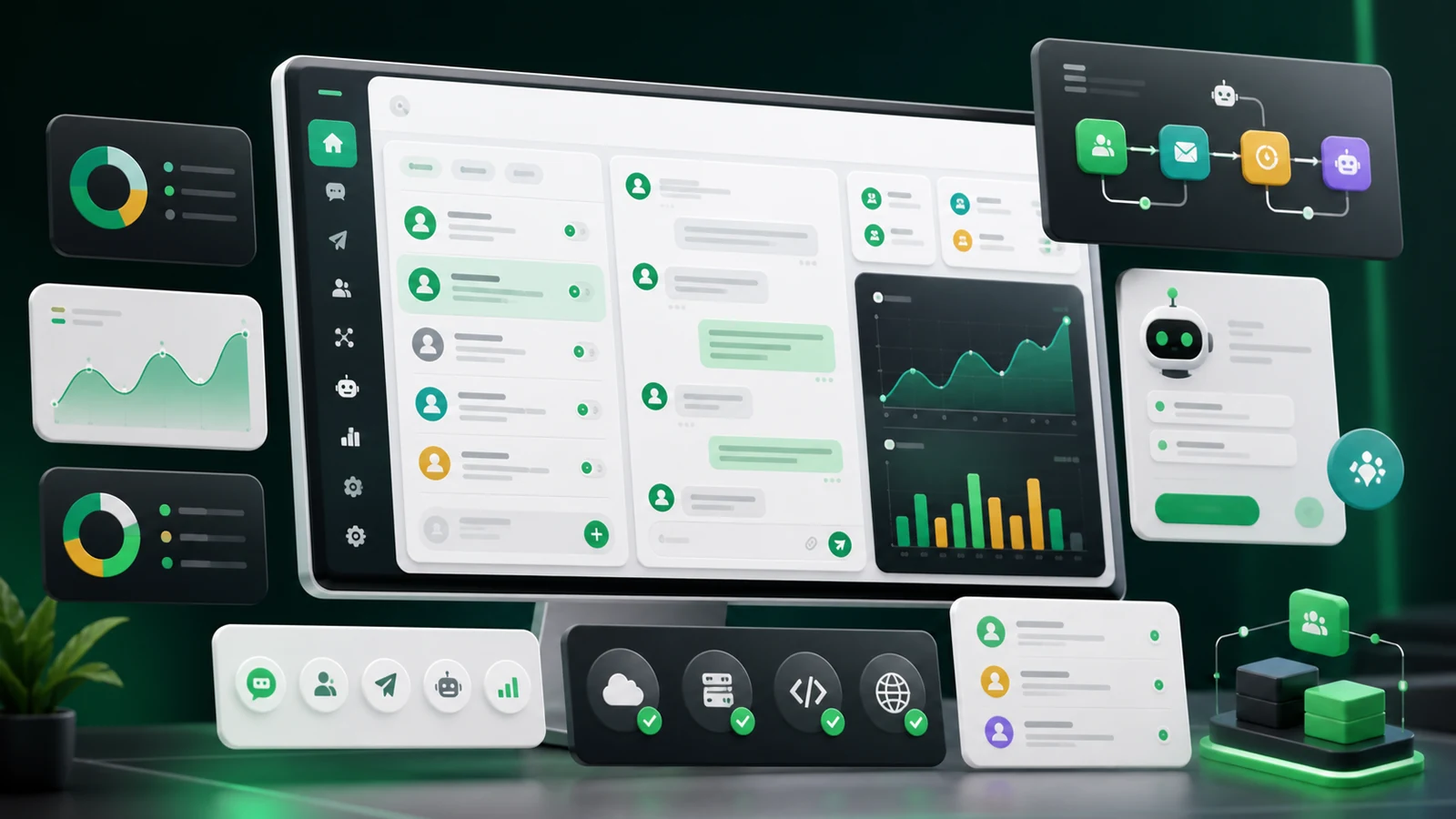 Waplix-style dashboard concept for conversations, campaigns, AI support, API status, CRM contacts, and analytics