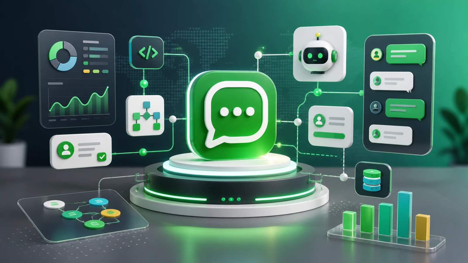 Modern SaaS illustration of WhatsApp API automation, CRM, analytics, and AI support workflows