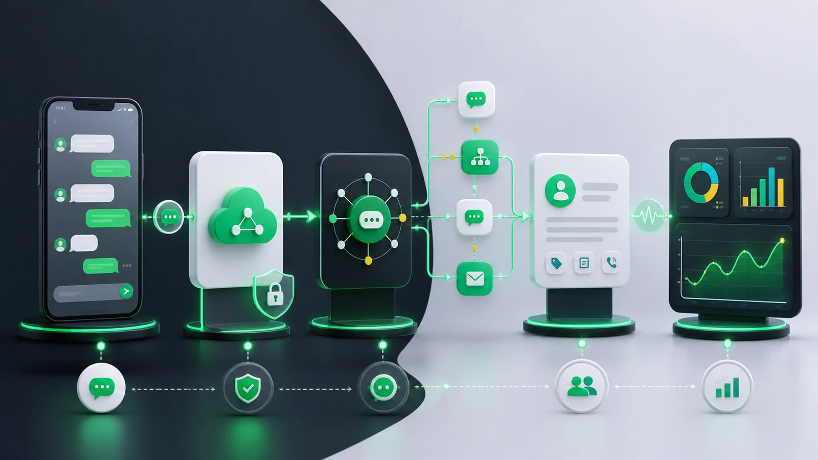 Illustration of a WhatsApp API message workflow connecting customer chat, API, automation, CRM, and analytics