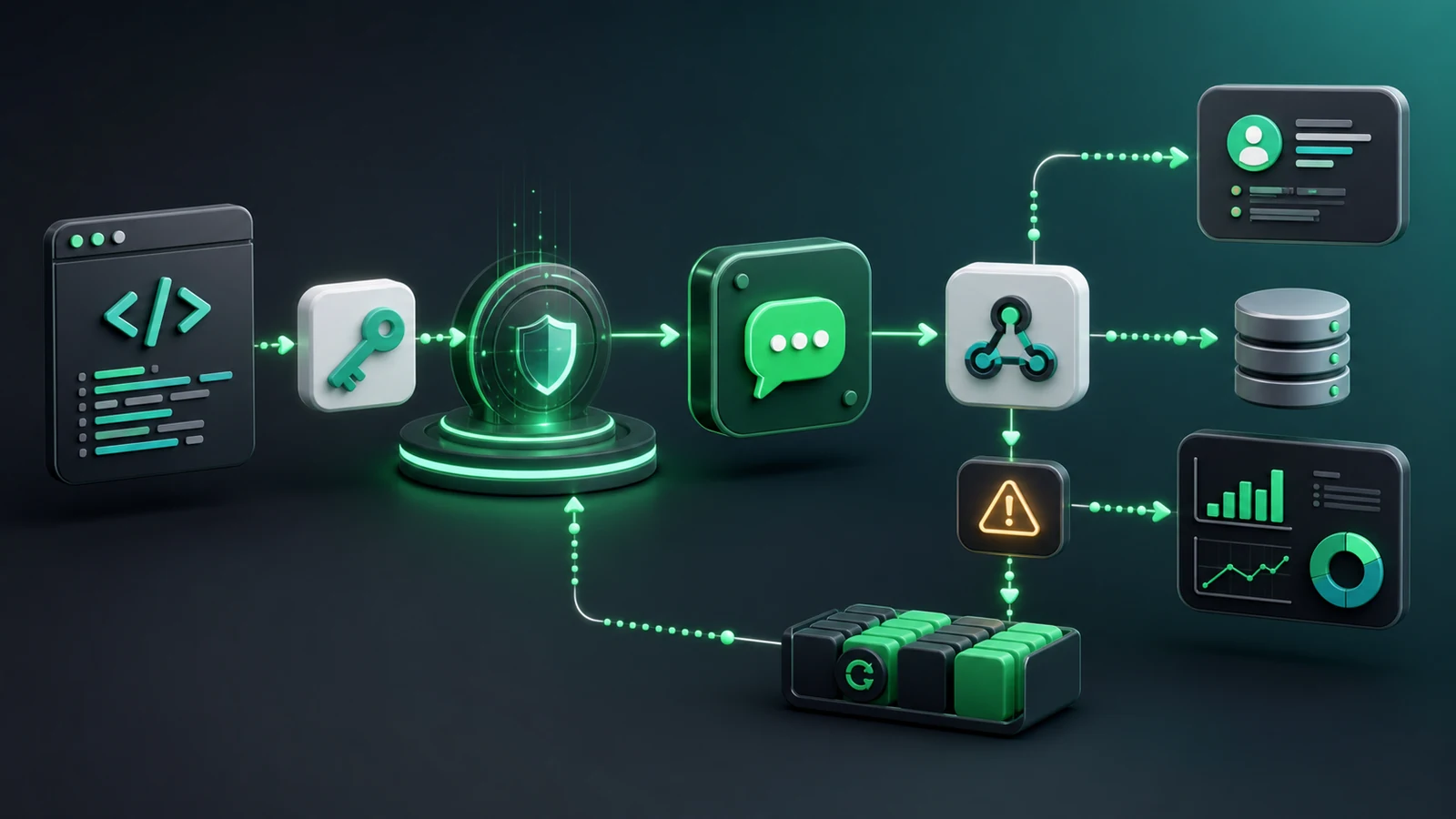 Developer API flow illustration showing authentication, message request, webhook event, retry handling, CRM update, and analytics