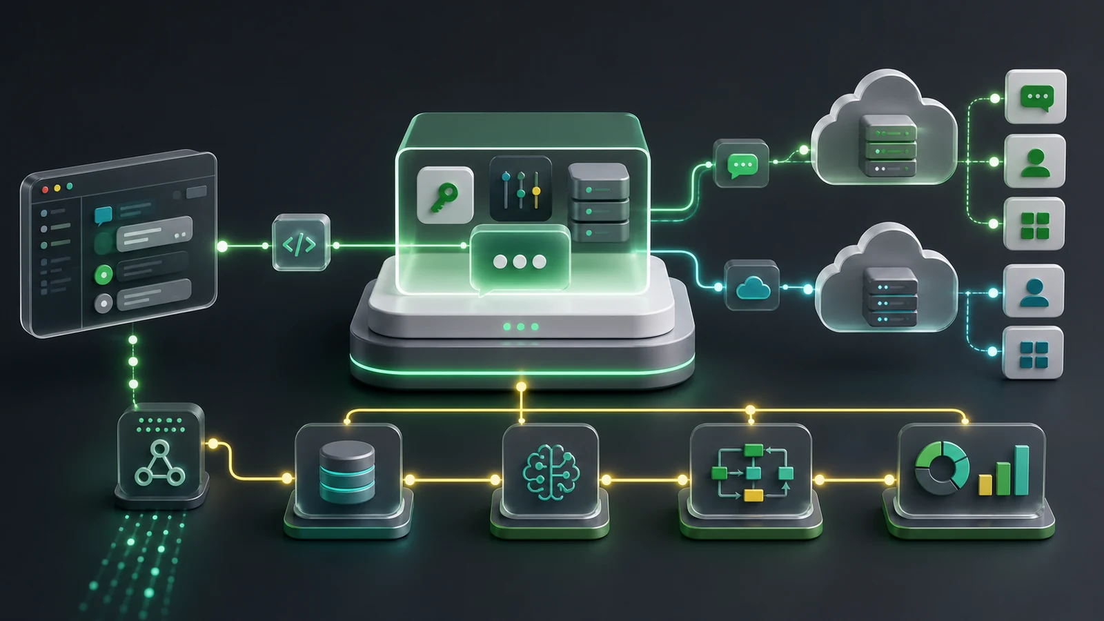 Architecture diagram showing Waplix API layer, WhatsApp messaging flow, webhooks, CRM, AI support, campaigns, and analytics