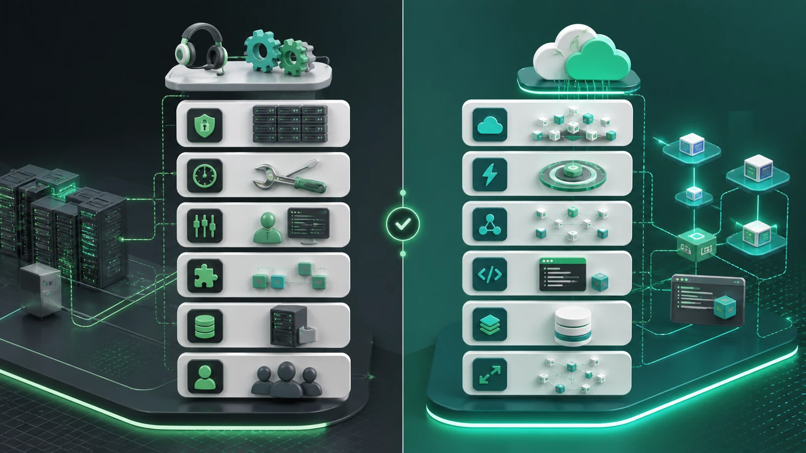 Premium comparison illustration of WhatsApp Business API and WhatsApp Cloud API decision factors