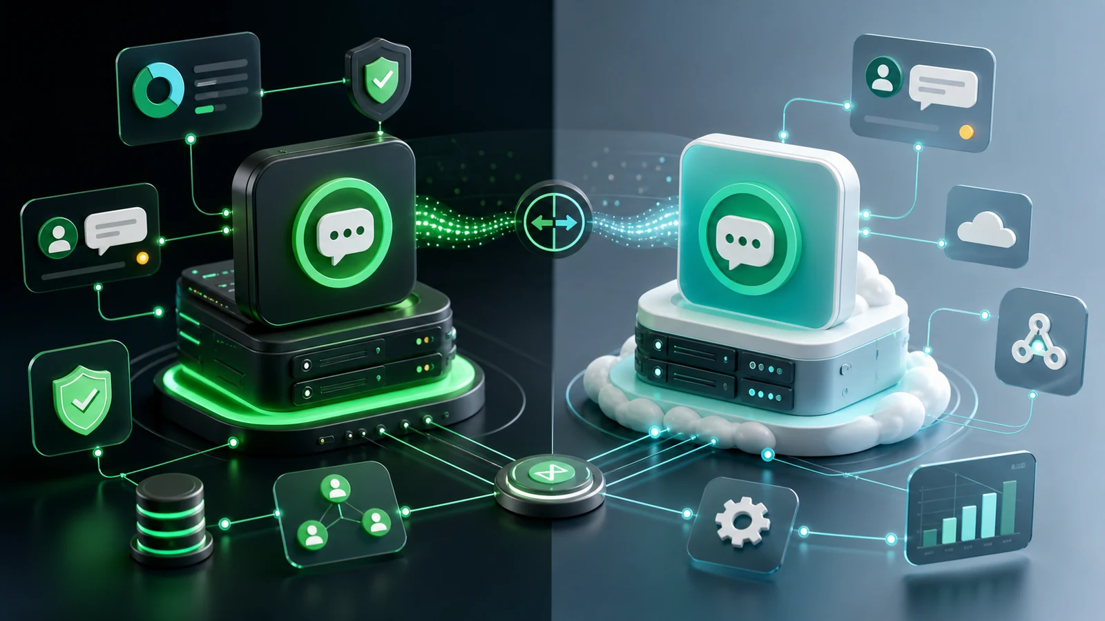 Premium SaaS illustration comparing WhatsApp Business API and WhatsApp Cloud API architecture